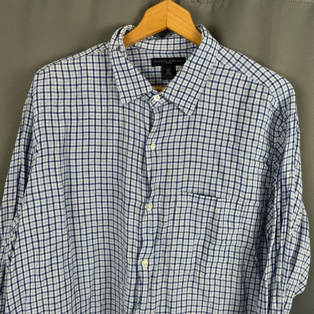 Banana Republic Mens XL Blue White Gingham Check 100% Linen Button Down Shirt